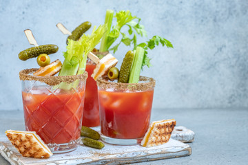 Bloody Mary Cocktail with tomato juice and pickles
