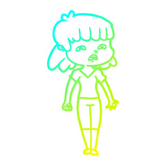 cold gradient line drawing cartoon worried woman