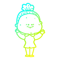 cold gradient line drawing cartoon happy old woman