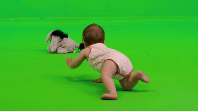 Cute baby girl crawling and smiling towards her puppet over a green screen.