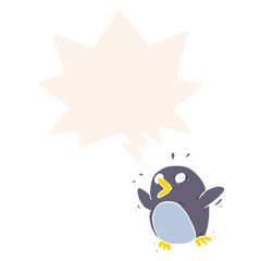 cartoon frightened penguin and speech bubble in retro style