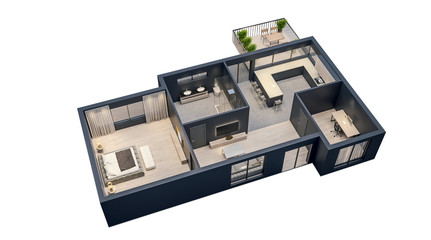 modern interior design, isolated floor plan with black walls, blueprint of apartment, house, furniture, isometric, perspective view, 3d rendering © snorkulencija