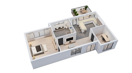 modern interior design, isolated floor plan with white walls, blueprint of apartment, house, furniture, isometric, perspective view, 3d rendering