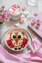 Kids breakfast oatmeal porridge with fruits and nuts look like a owl