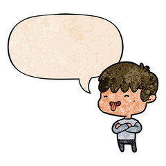 cartoon boy sticking out tongue and speech bubble in retro texture style