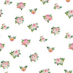 Watercolor hand painted seamless pattern of flowers and green leaves. Romantic floral background perfect for fabric textile, vintage paper or scrapbooking