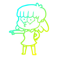 cold gradient line drawing cartoon whistling girl pointing