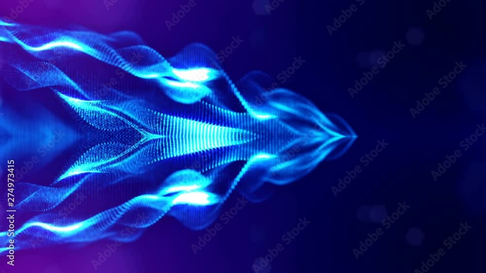 Poster complex blue composition with luminous particles that form wavy structures in the air. 4k 3d looped 