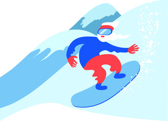 An elderly man with a big beard snowboarding. Active longevity and healthy old age.