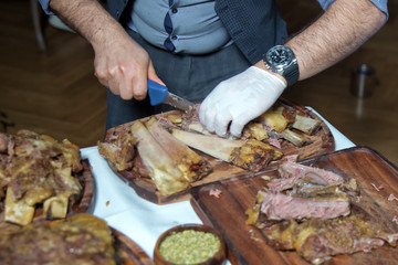 Roasted meat over an open fire, cooked in a special way.Barbecue is prepared of lamb or sheep meat and processed by slasher. Many Cooking Traditional Azerbaijan asting lamb barbecues.