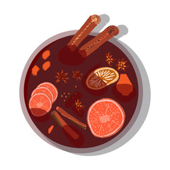 Mulled wine spices with cinnamon in the pot on white background