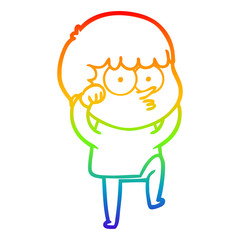 rainbow gradient line drawing cartoon curious boy rubbing eyes in disbelief