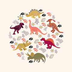 Dinosaurs round flat hand drawn composition.