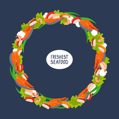 Circle shape seafood frame. Salmon steak, nigiri sushi, shrimp, rice balls.