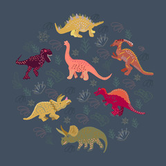 Dinosaurs round flat hand drawn composition on grey background