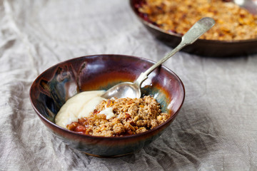 Rhubarb and strawberry crumble with custard