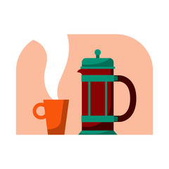 Obraz premium French press with mug. Modern style flat cartoon vector illustration. Coffee pot for happy International or national Coffee Day. Suitable for greeting card, poster and banner background.
