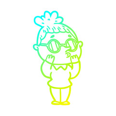 cold gradient line drawing cartoon woman wearing glasses