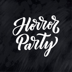 Horror Party lettering in calligraphy style on white background. Graphic design illustration. Hand drawing slogan. Template for Online Cinema. Vector