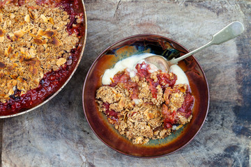 Rhubarb and strawberry crumble with custard