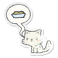 cute cartoon cat and food and speech bubble distressed sticker