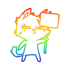 rainbow gradient line drawing tough cartoon cat with protest sign