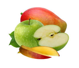 Apple and mango isolated on white background.