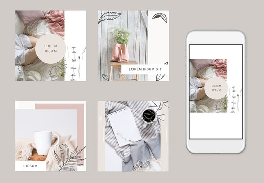 Social Media Post Layouts with Illustrative Leaf Graphics