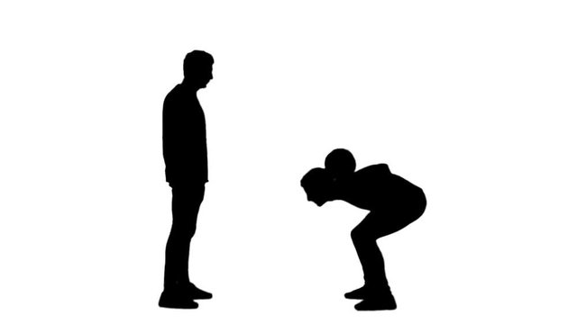 Black silhouettes, two men stuffing ball on heads, passing it.