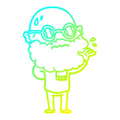 cold gradient line drawing cartoon worried man with beard and spectacles