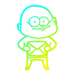 cold gradient line drawing cartoon bald man staring with letter