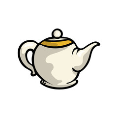 White color ceramic teapot with yellow line ornament