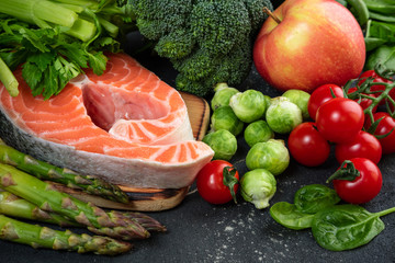 Healthy food. Selection of healthy food fish, vegetables, antioxidants and sources of omega 3. Healthy eating for heart, ketogenic diet concept