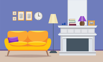 Living room modern interior - a sofa with a fireplace, apartment design. Vector illustration in flat style.