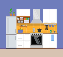 Kitchen modern interior, apartment design. Vector illustration in flat style.