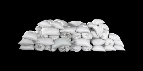 Several stacked white bags isolated on black background. Bags with grain, fertilizers
