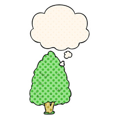 cartoon tall tree and thought bubble in comic book style