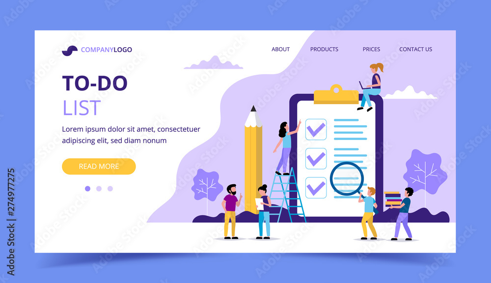 Aufkleber to do list landing page. big page with check marks and pencil. concept illustration for time and pro