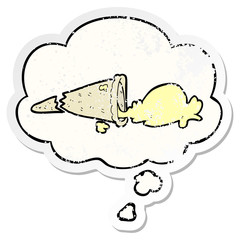 cartoon dropped ice cream and thought bubble as a distressed worn sticker