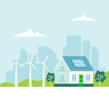 Green energy illustration with a house, solar panels, wind turbines, city background, copy space. Concept illustration for ecology, green power, wind energy, sustainability
