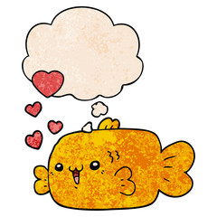 cute cartoon fish with love hearts and thought bubble in grunge texture pattern style