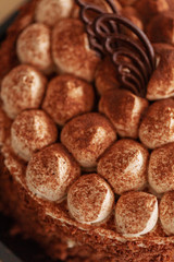 Closeup of tasty chocolate birthday cake, vertical view