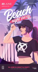 Summer party poster or flyer design template with sexy female on the beach. Party invitation. Modern style. Vector illustration