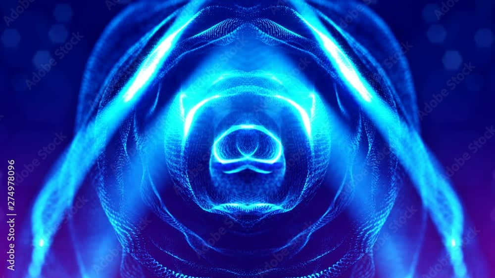 Poster complex blue composition with luminous particles that form wavy structures in the air. 4k 3d looped 