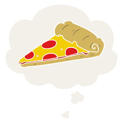 cartoon pizza slice and thought bubble in retro style