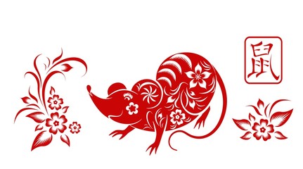 Happy Chinese new year 2020.  Zodiac sign year of Rat. Traditional art and style. Isolated. Vector