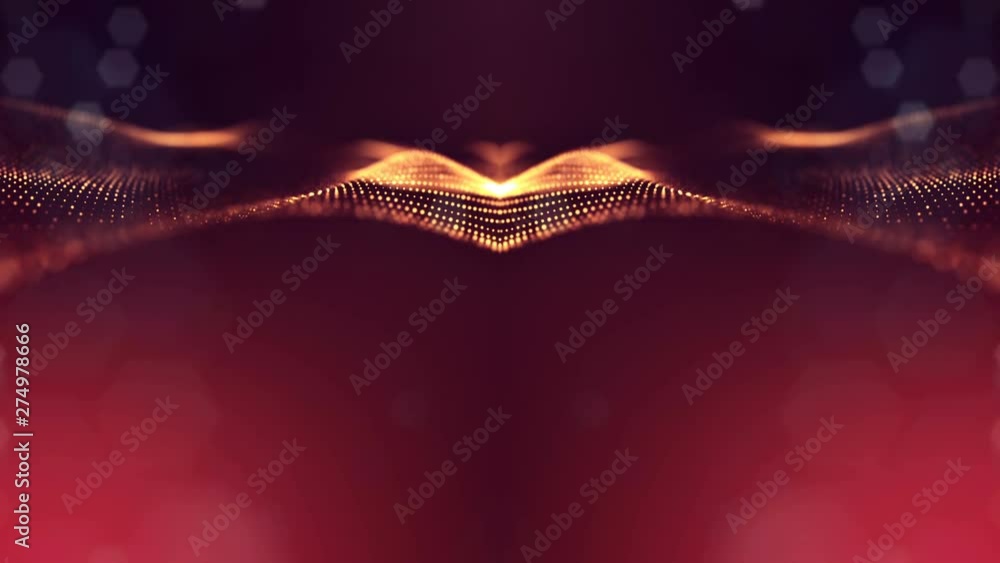 Poster complex golden composition with luminous particles that form wavy structures in the air. 4k 3d loope