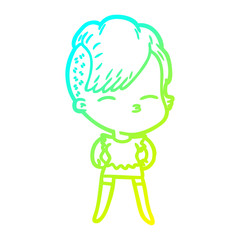 cold gradient line drawing cartoon squinting girl
