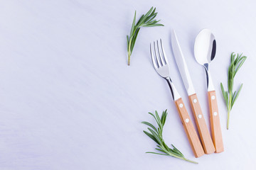 Cutlery set. Knife, fork, spoon on white background. Table setting with rosemary branches. Cutlery...