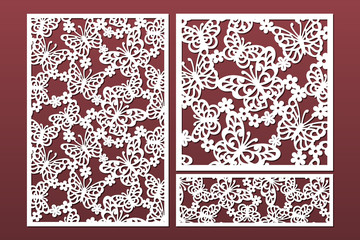 Laser cut cabinet fretwork perforated panel with pattern of butterflies and flowers. Set of templates for cutting exterior. Metal, paper or wood carving. Outdoor screen.